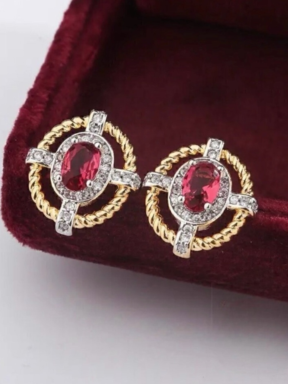 NWT 18K Gold Plated RubyCubic Zirconia Cross Oval Stud Earrings